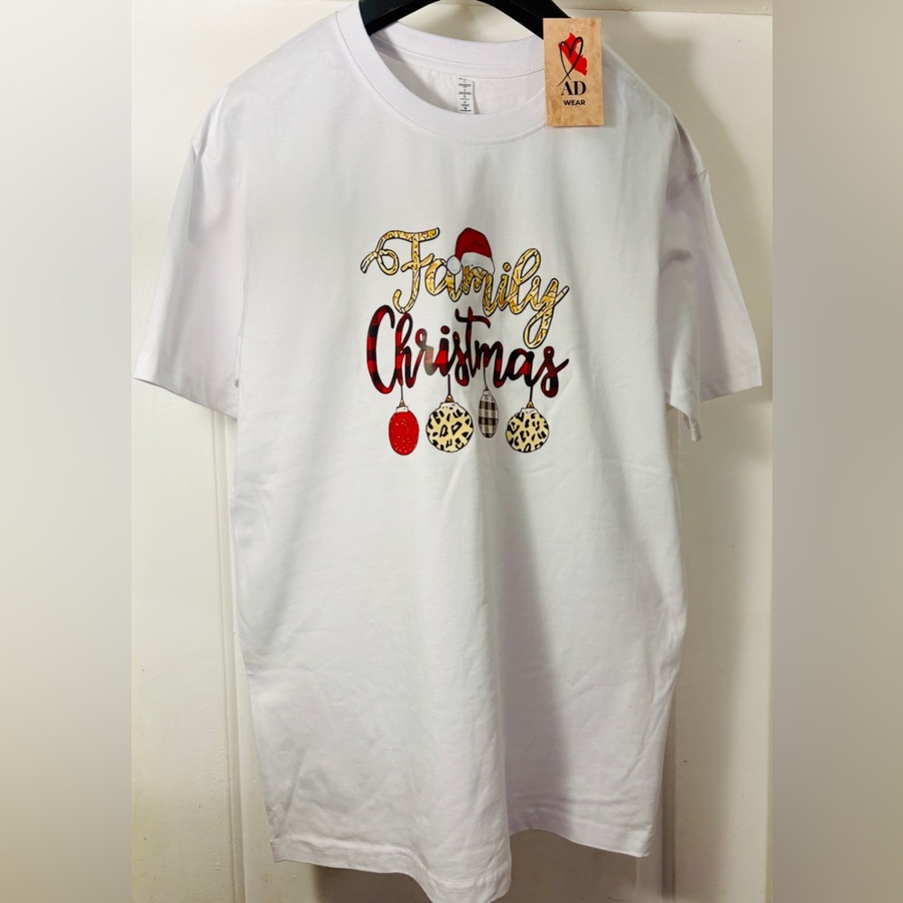 AD WEAR “Family Christmas” Ornament Tee | White Holiday T-Shirt LARGE